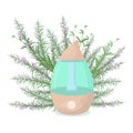 Vector illustration of a humidifier diffuser with rosemary sprigs on the background.